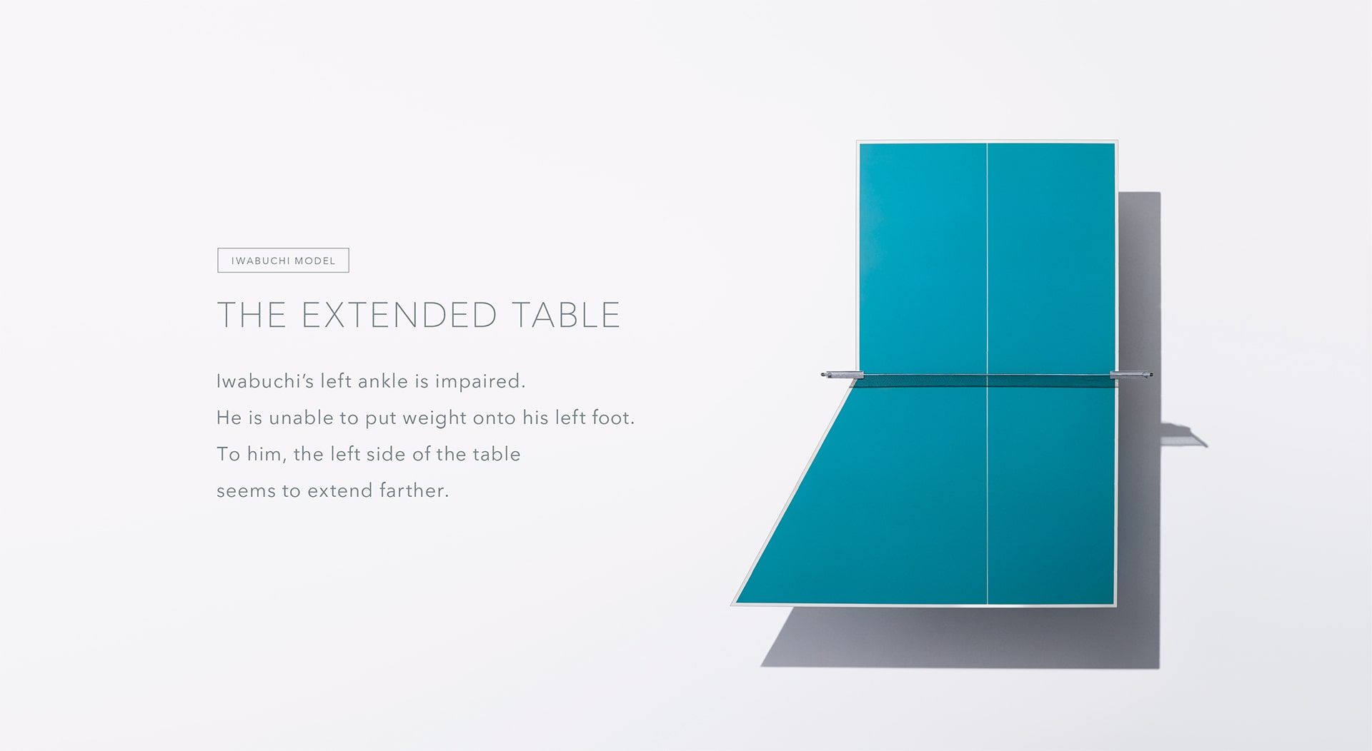 IWABUCHI MODEL The extended table Iwabuchi’s left ankle is impaired. He is unable to put weight onto his left foot. To him, the left side of the table seems to extend farther.  